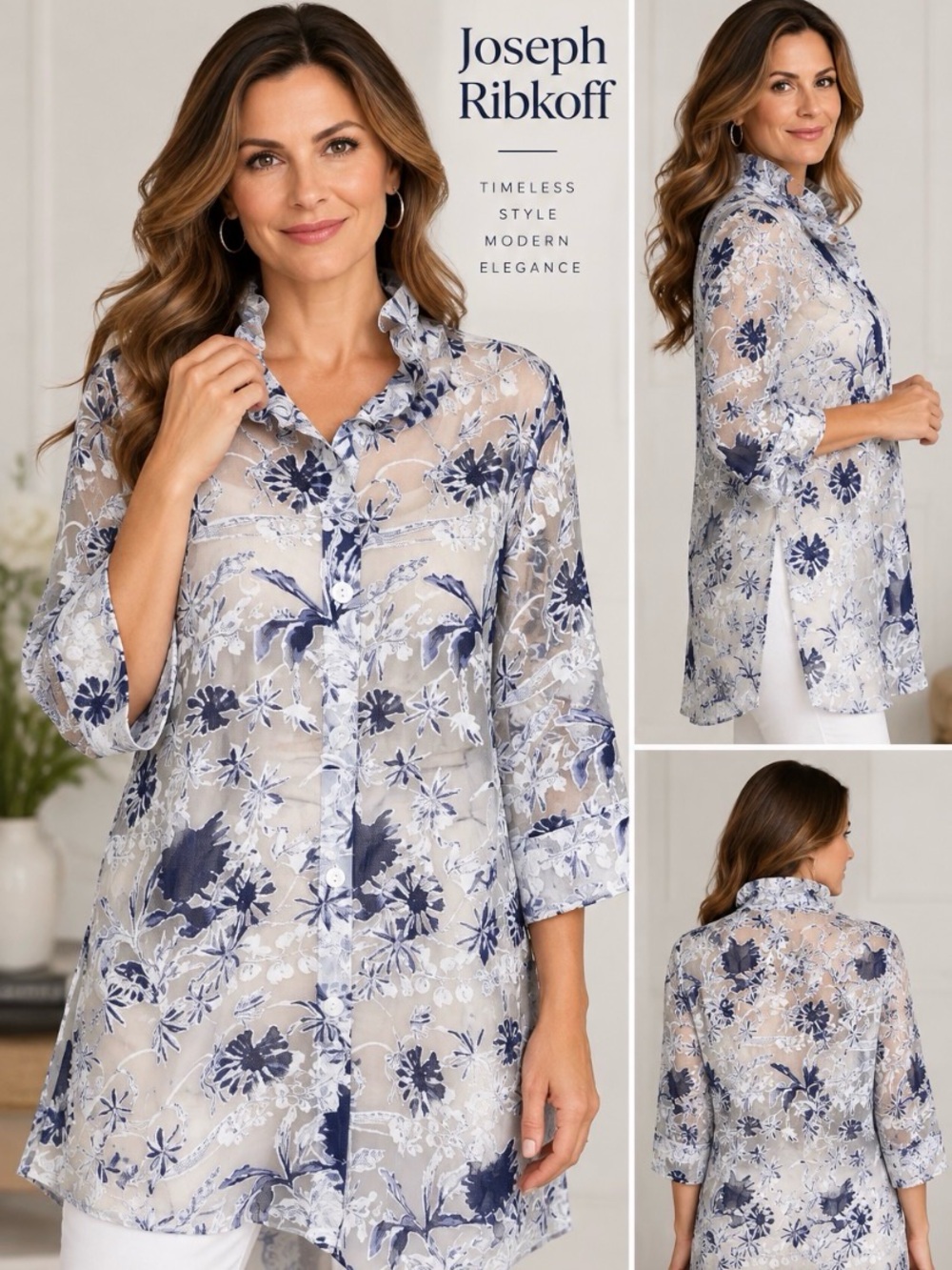 Joseph Ribkoff Navy and White floral sheer longer top/cardigan/blazer